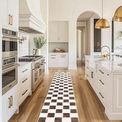 EVERGRACE Checkered Plaid Area Rug 2x10, Soft Fuzzy Faux Wool Rugs Washable Anti Slip Rugs Long Runner Carpet for Entryway Bedroom Living Room Hallway Kitchen Dining Room and Laundry, Dark Brown