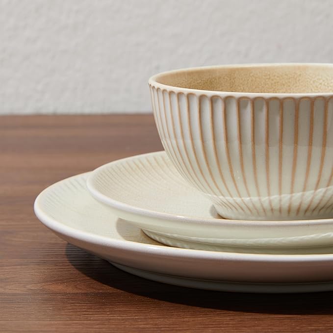 Ceramic Dinnerware Sets for 4, 12 Pieces Embossed Stoneware Plates and Bowls Sets, Scratch Resistant Dish Sets, Distinctive Granulated Surface, Housewarming Wedding Gift, Brown