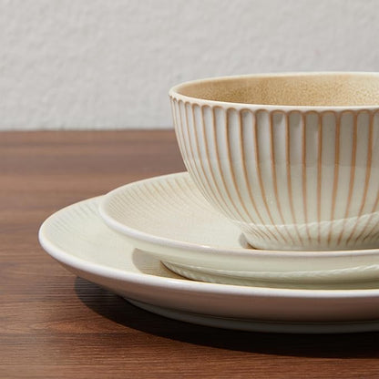 Ceramic Dinnerware Sets for 4, 12 Pieces Embossed Stoneware Plates and Bowls Sets, Scratch Resistant Dish Sets, Distinctive Granulated Surface, Housewarming Wedding Gift, Brown