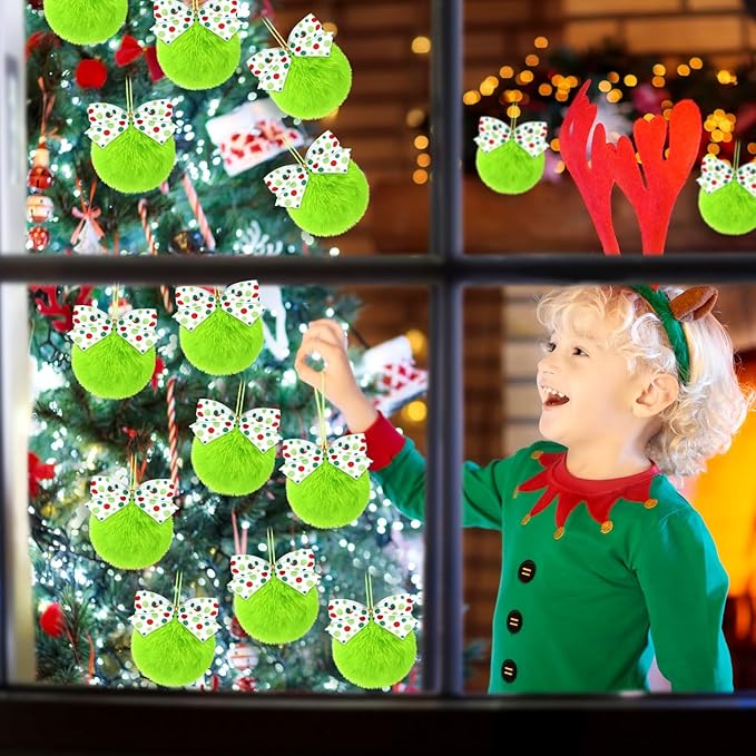 Norme 24-Pack Lime Green Furry Christmas Balls with Bow, 4" Soft Faux Fur Plush Pom Pom Ball Ornaments for Christmas Tree Hanging Decorations Party Fireplace Mantel Wall Decor(White Polka Dots)