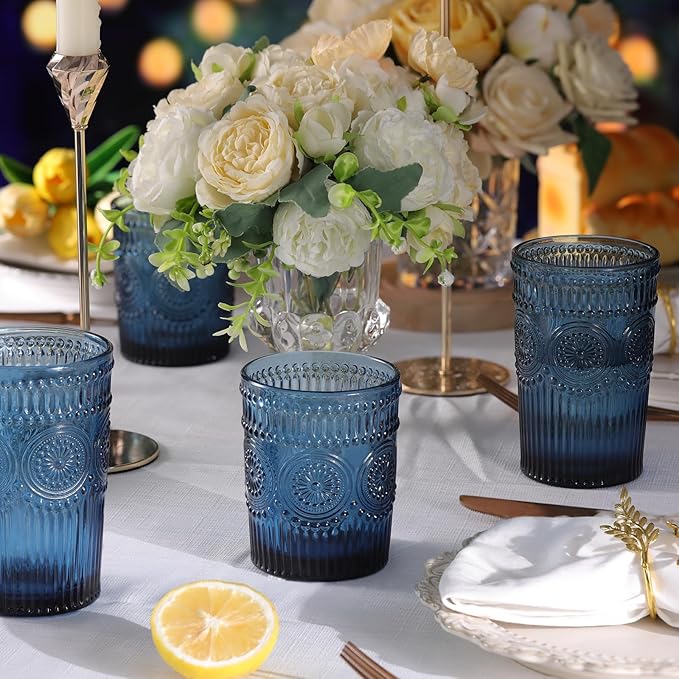 Vintage Glassware Drinking Glasses Set of 4-13 oz Blue Highball Glasses Water Tumbler, Embossed Glassware Cups for Juice, Beer, Cocktail, Whiskey, Various Mixed Drinks