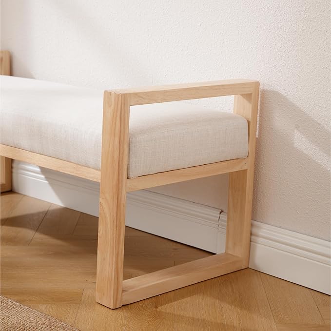 Kmax Entryway Bench, Wooden Bench for Bedroom End of Bed with Hollow Arms Farmhouse Upholstered Bench Rustic Window Bench for Entry Way Bedroom Living Room - Linen, Beige