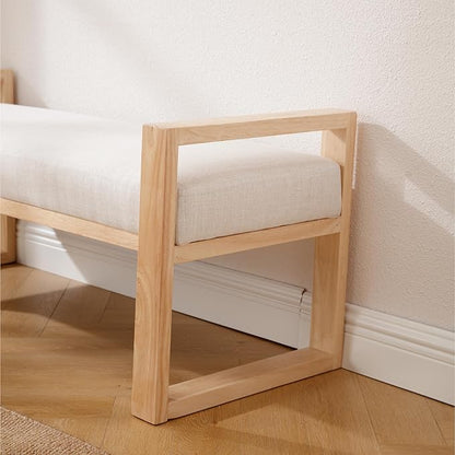 Kmax Entryway Bench, Wooden Bench for Bedroom End of Bed with Hollow Arms Farmhouse Upholstered Bench Rustic Window Bench for Entry Way Bedroom Living Room - Linen, Beige