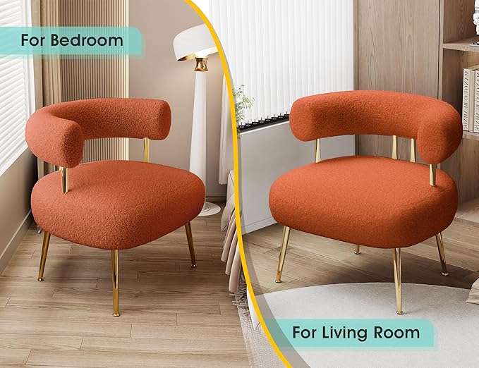 Mid Century Sherpa Boucle Accent Chair, Round Upholstered Barrel Arm Chair for Small Spaces, Fluffy Side Corner Chair for Living Room, Bedroom, Vanity, Office, Reading Nook(Orange)