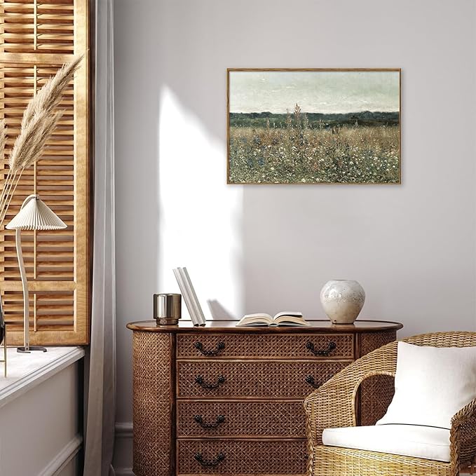 KBKBART Framed Canvas Print Wall Art, Vintage Wall art Wildflower Field Vintage Print, Neutral Country Meadow Landscape Nature Painting Rustic Farmhouse Decor, Retro Botanical Bathroom Wall Decor for