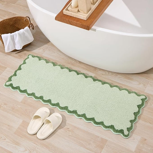 ORTIGIA Long Cute Scalloped Bathroom Rugs Runner, Fun Green Plush Microfiber Scallop Bath Mats Non Slip Washable Quick Dry Absorbent, Rug  for Bathtub Sink Laundry Room Bedroom, 17x47