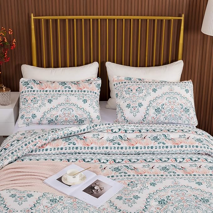 CLOTHKNOW Green White Floral Queen Comforter Set Botanical Bedding Comforter Sets Boho Comforter Pumpkin Comforter Queen