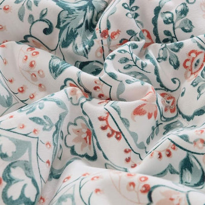 CLOTHKNOW Green White Floral Queen Comforter Set Botanical Bedding Comforter Sets Boho Comforter Pumpkin Comforter Queen