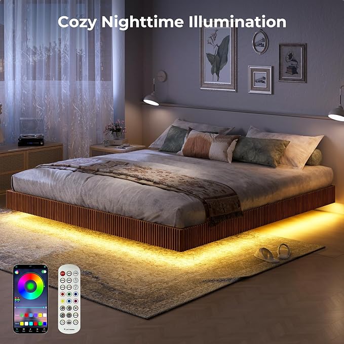 Evermagin Walnut King Floating Bed Frame with led Lights, Mid Century Modern Fluted Floating Platform Bed No Headboard, Heavy Duty Metal Float Bedframe, No Box Spring Needed