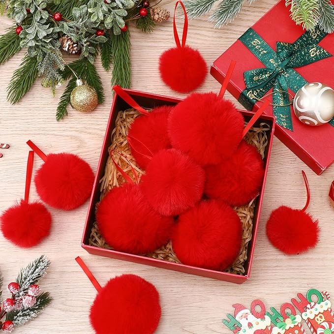 24 Pcs Red Furry Christmas Ball Ornaments for Tree 2.36/3.15/3.94 Inches Pom Pom Ball Christmas Hanging Decoration for Party Supplies Fireplace Mantel Wall Decor