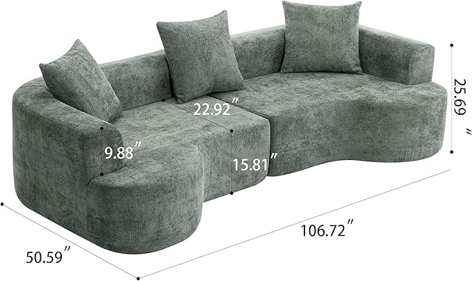 106" Chenille Curved Sectional Sofa with 3 Pillows, No Assembly Required, Comfy Boneless Loveseat Sectional Couches with Deep Seat, Half Moon Couch for Living Room/Apartment (Green)