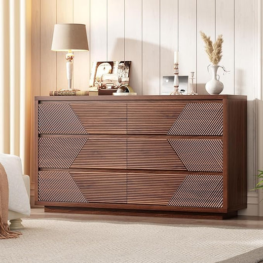 55.12" Modern Chest of Drawer, 6 Deep Drawers,Clothes Organizer,Large Storage Cabinet for Living Room, Bedroom,Dresser TV Stand, Wood Drawer Organizer for Living Room, Hallway, Walnut