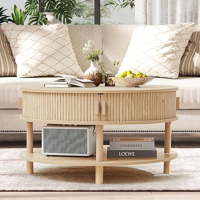 31.5” Round Coffee Table with Storage, Mid Century Modern 2 Tier Coffee Table with Tambour Sliding Door, Solid Wood Legs Fluted Center Table for Living Room Home Office Small Space, Natural