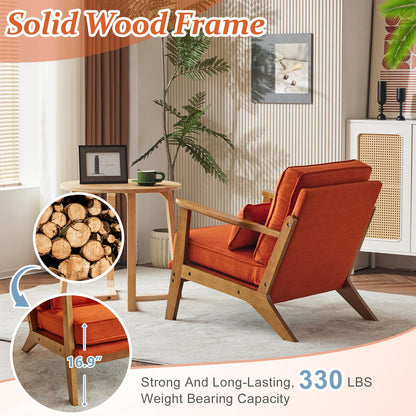 VINGLI Solid Wood Wide Armrests Accent Chair,Upholstered Mid Century Modern Chair with Pillow,Comfy Reading Chair Farmhouse Arm Chair,Chairs Living Room,Bedroom,Guest Room,Teddy Fleece,Khaki