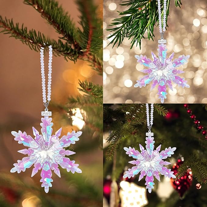 2025 Annual Edition Snowflake Crystal Christmas Ornament, Large Crystal Ornaments Display Winter House Decor with Gift Box (Colourful B)
