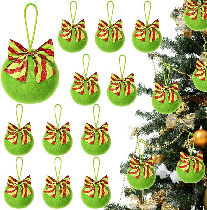 24 Pcs Lime Green Furry Christmas Ball Ornaments，3.15 Inch Xmas Tree Green Christmas Hanging Decorations Soft Faux Fur Pom Pom Ball Ornaments for Home Party Supplies Fireplace Mantel Wall Decor