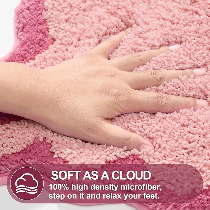 ORTIGIA Long Cute Scalloped Bathroom Rugs Runner, Fun Candy Pink Plush Microfiber Scallop Bath Mats Non Slip Washable Quick Dry Absorbent, Rug for Bathtub Sink Laundry Room Bedroom, 17x47