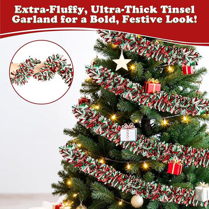 50FT Christmas Tinsel Garland, Red Green&White Metallic Twist Shiny Hanging Garland Ornaments for Christmas Tree, Party Supplies Thick Metallic Xmas Streamers