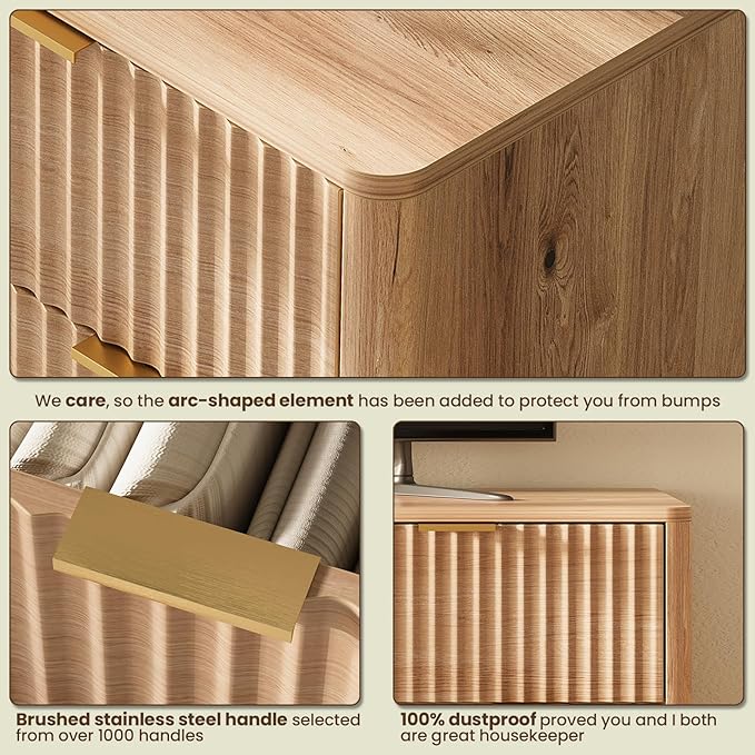 54'' Wide 7 Drawers Dressers for Bedroom, Modern Fluted Chest with Arc Corners, Large Wooden Dresser TV Stand, Wood Closet Clothes Storage Organizer for Living Room, Natural Wood