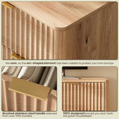 54'' Wide 7 Drawers Dressers for Bedroom, Modern Fluted Chest with Arc Corners, Large Wooden Dresser TV Stand, Wood Closet Clothes Storage Organizer for Living Room, Natural Wood