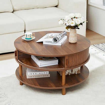 31.5” Round Coffee Table with Storage, Mid Century Modern 2 Tier Coffee Table with Tambour Sliding Door, Solid Wood Legs Fluted Center Table for Living Room Home Office Small Space, Walnut