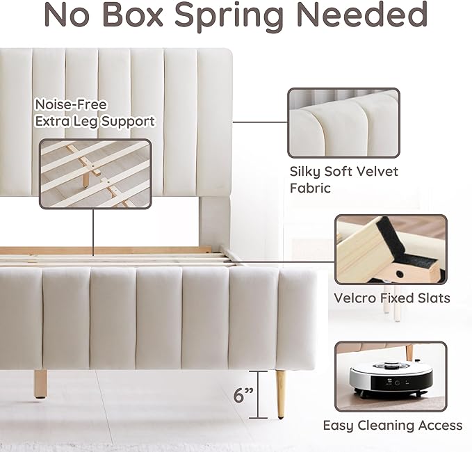 Livinia Twin Size Elton Velvet Platform Bed, Upholstered Bed Frame with Vertical Channel Tufted Headboard Footboard, Strong Wood Slats, No Box Spring Needed, Ivory (Twin)