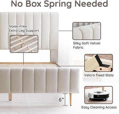 Livinia Twin Size Elton Velvet Platform Bed, Upholstered Bed Frame with Vertical Channel Tufted Headboard Footboard, Strong Wood Slats, No Box Spring Needed, Ivory (Twin)