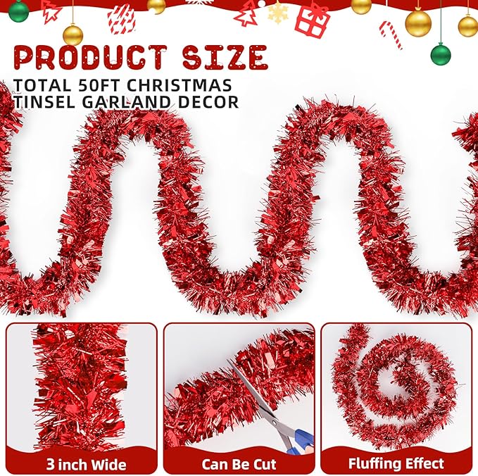 50FT Red Christmas Tinsel Garland, Metallic Twist Shiny Hanging Garland Ornaments for Xmas Tree Party Supplies Thick Thin Metallic Streamers for Indoor Outdoor Decor