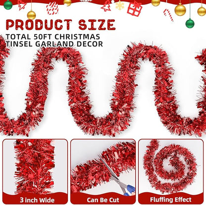 50FT Red Christmas Tinsel Garland, Metallic Twist Shiny Hanging Garland Ornaments for Xmas Tree Party Supplies Thick Thin Metallic Streamers for Indoor Outdoor Decor