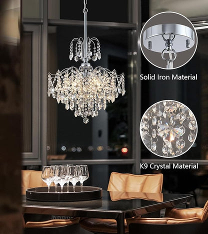 Q&S Modern Crystal Chandelier Chrome Pendant Light 6 Lights for Dining Room Kitchen Island Entryway Bathroom Hallway UL Listed