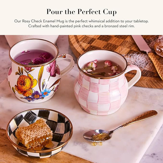 MACKENZIE-CHILDS Enamel Mug, Cute Enamelware Coffee and Tea Mug, Unique Drinkware, 16 Ounces, Pink-and-White Rosy Check, Set of 4