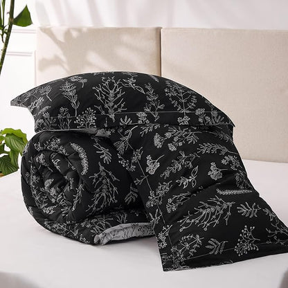 Bedsure California King Comforter Set - Black Bed Set, 3 Pieces Cute Floral Bedding, 1 Soft Reversible Botanical Flowers Comforter and 2 Pillow Shams