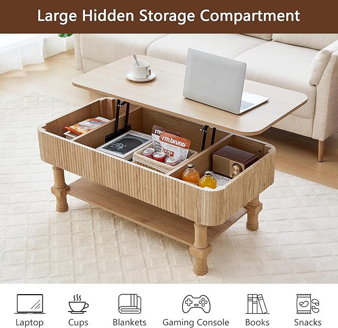 39” Large Lift Top Coffee Table with Hidden Storage Compartment, Fluted Coffee Tables Fully Assembled Wooden Center Table, Mid Century Modern Lift Tabletop Dining Tables for Living Room Office,Natural