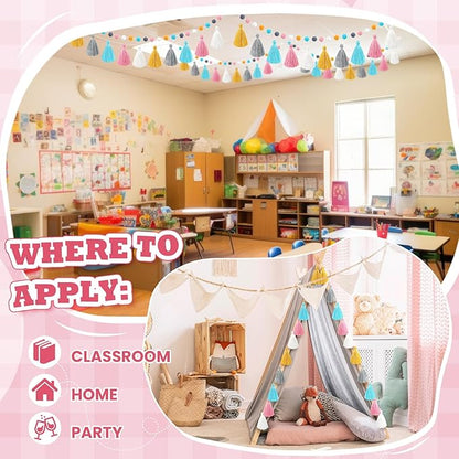 Syhood 4 Pcs Christmas Pom Pom Tassel Garland Felt Pompom Ball Banner Christmas Tassel Garland for Xmas Tree Hanging Decorations Party Supplies Home Decor(Soft Color)