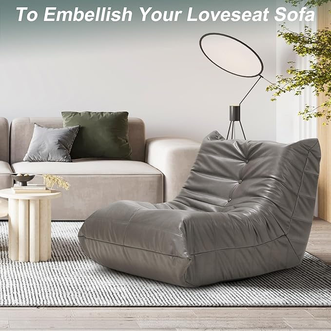 Hobestluk Giant Bean Bag Chair Lazy Floor Sofa, Fireside Sofa for Adults, Big Beanbag Faux Leather Armless Chair for Living Room Bedroom Dorm Office (Grey, Single)