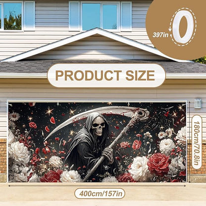 6 x 13 ft Halloween Garage Door Decorations Halloween decorations Witch Door Cover, Hanging Banner, Cauldron Backdrop Mural for Home, Outdoor, Indoor, Spooky Party, Wall, Window (Scythe-1)