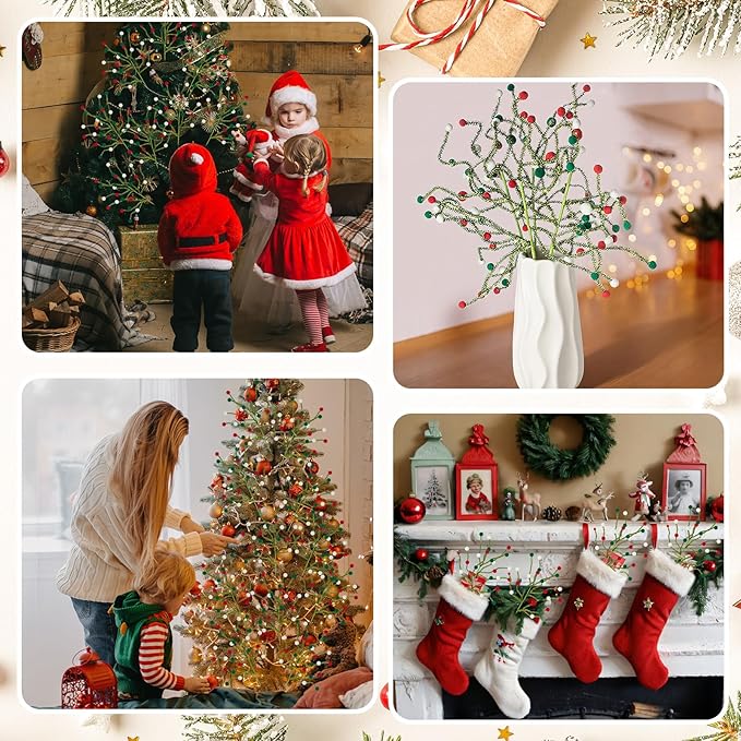 Soulchen 12 Pcs 16 Inch Christmas Pom Poms Picks Felt Tree Decorations Artificial Red White Green Christmas Ornaments Fake Berry Twig Spray Branches Decor for Holiday Xmas Tree Home Vase DIY Crafts