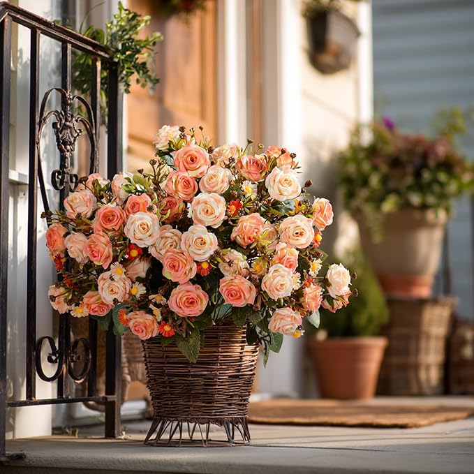 Artificial Flowers for Outdoor 4 Bundles Rose Bouquet with Daisy Faux Flowers UV Resistant for Home Indoor Outside Garden Porch Window Box Balcony Yard Porch Decor (Orange)