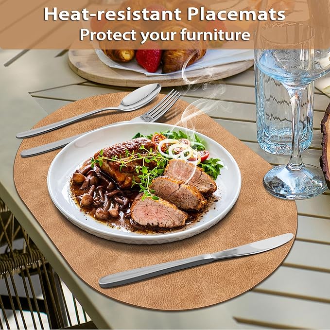 ADRIMER Placemats, Heat Resistant Oval Placemats Set of 6 Washable 12 x 17 Inch, Waterproof Table Mats, Wipeable Pu Place Mats for Kitchen, Dining Room, Light Brown