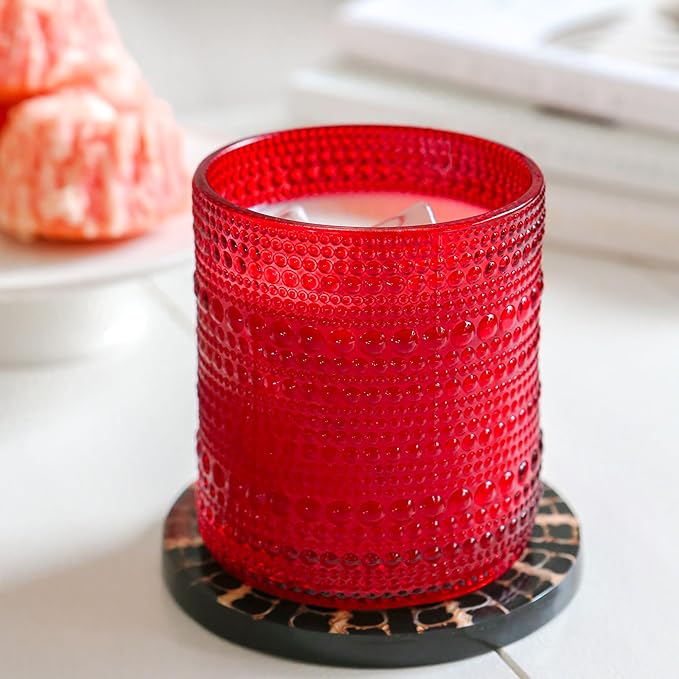 Kate Aspen Red Hobnail Vintage Drinking Glasses Set of 6-10 oz Beaded Glassware for Cocktails, Tea, Water, Juice | Ribbed Retro Glass Cups for Entertaining, Gift Giving or Bar Decor
