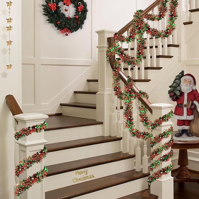 50FT Christmas Tinsel Garland - Metallic Twist Garland for Christmas Tree Decorations, Xmas Tree Decor for Home Indoor Outdoor Holiday Party Supplies (Green and Red)