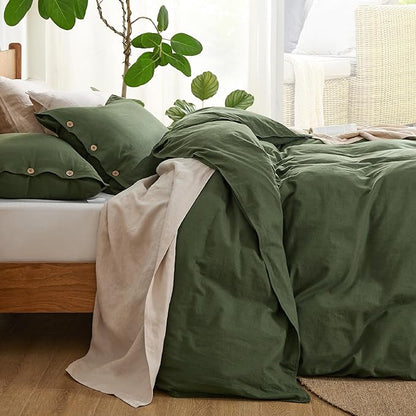 Bedsure Linen Duvet Cover Queen - Linen Cotton Blend Bedding Set, Soft & Cozy, 3 Pieces, 1 Duvet Cover 90x90 Inches and 2 Pillowcases, Olive Green Color Cooling Bedding, Comforter Sold Separately