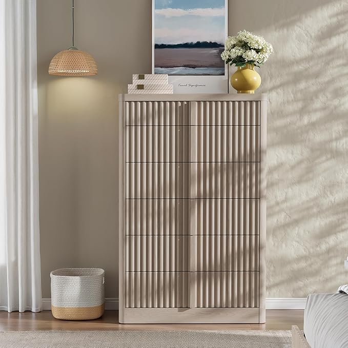Fluted Dresser for Bedroom, 48" Tall 6 Drawer Dresser, Modern Chest of Drawers with Solid Wood Handle, Curved Profile Design, Wood Dressers Storage Organizer,Bedroom, Living Room, Hallway, White Alder
