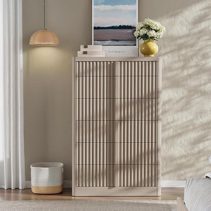 Fluted Dresser for Bedroom, 48" Tall 6 Drawer Dresser, Modern Chest of Drawers with Solid Wood Handle, Curved Profile Design, Wood Dressers Storage Organizer,Bedroom, Living Room, Hallway, White Alder