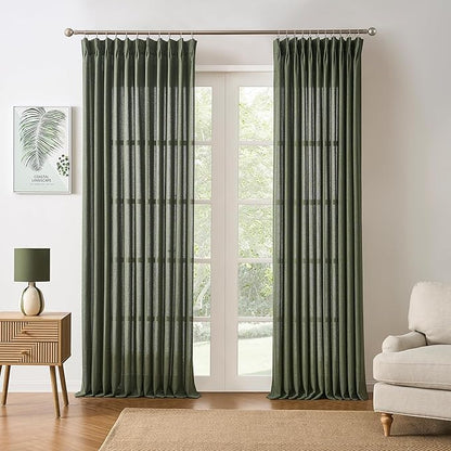 RAIN CITY 86 Inch Linen Curtains Pinch Pleated with Hooks,2 Panels Set Semi Sheer Textured Boho Back Tab Curtain Drapes for Living Room Bedroom,Olive Green,50x86 in Long