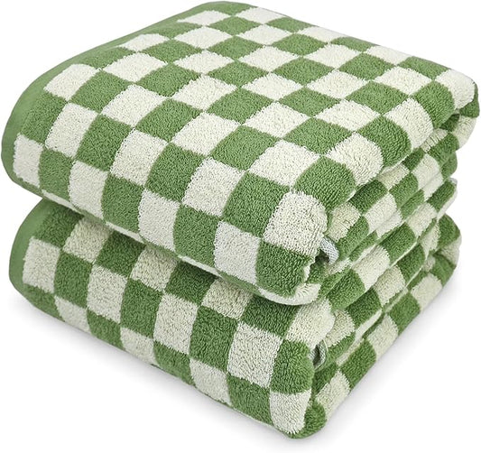 Jacquotha Bath Towels Set of 2  Luxury Cotton Bathroom Shower Towels Body 55” x 27.5” Absorbent Quick Dry, Green Checkered