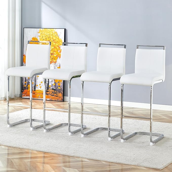 White Bar Stools Set of 4,30" Counter Height Bar Stools with Footrest,White Faux Leather Kitchen Stools with Chrome Plated Metal Leg,Counter Height Stools Ideal for Island Pub Kitchen Counter Dining Chair