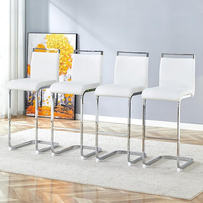 White Bar Stools Set of 4,30" Counter Height Bar Stools with Footrest,White Faux Leather Kitchen Stools with Chrome Plated Metal Leg,Counter Height Stools Ideal for Island Pub Kitchen Counter Dining Chair