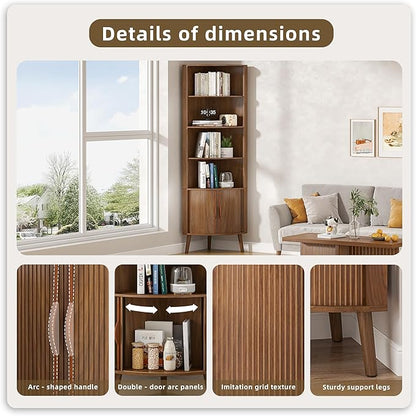 5-Tier Corner Shelf, 66.73''Tall Modern Corner Bookshelf, 5 Shelf Bookcase with 2 Fluted Doors, Freestanding Wood Corner Display Storage Shelf Organizer for Living Room, Office (Walnut)