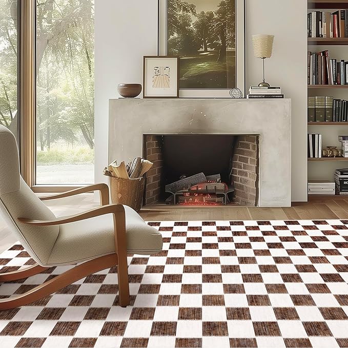 EVERGRACE Checkered Plaid Area Rug 5x7, Soft Fuzzy Faux Wool Rugs Washable Anti Slip Rugs Large Rug for Entryway Bedroom Living Room Hallway Kitchen Dining Room and Laundry Room, Dark Brown and White